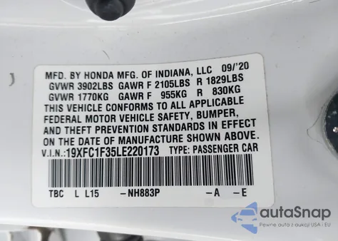 2020 Honda Civic Ex из США, поврежденный, VIN 19XFC1F35LE220173